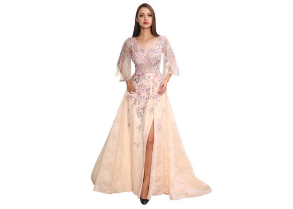 Flower Applique Long Sleeveless Evening Dress A - Line Dress For Wedding Or Ceremony