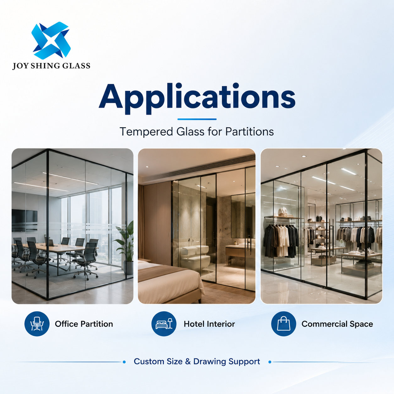 Custom Tempered Glass for Partitions for Offices, Hotels and Commercial Interiors
