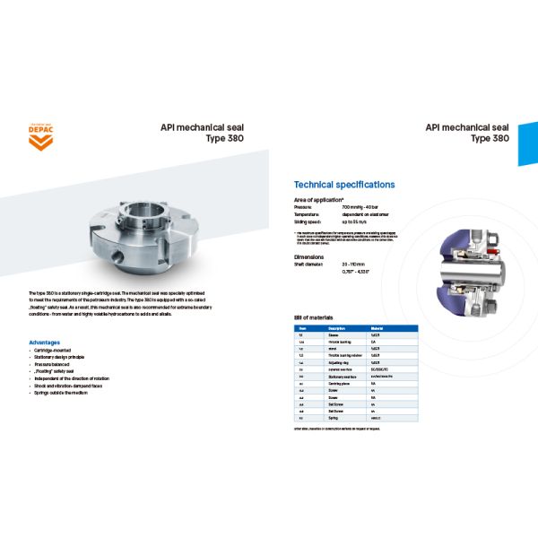 DEPAC Type 380 API Stationary Single Cartridge Mechanical Seal
