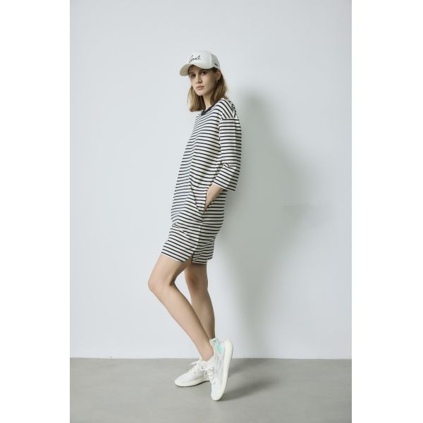 Oversized 3 4 Sleeve Cotton Dress  Black And White Striped Cotton Dress