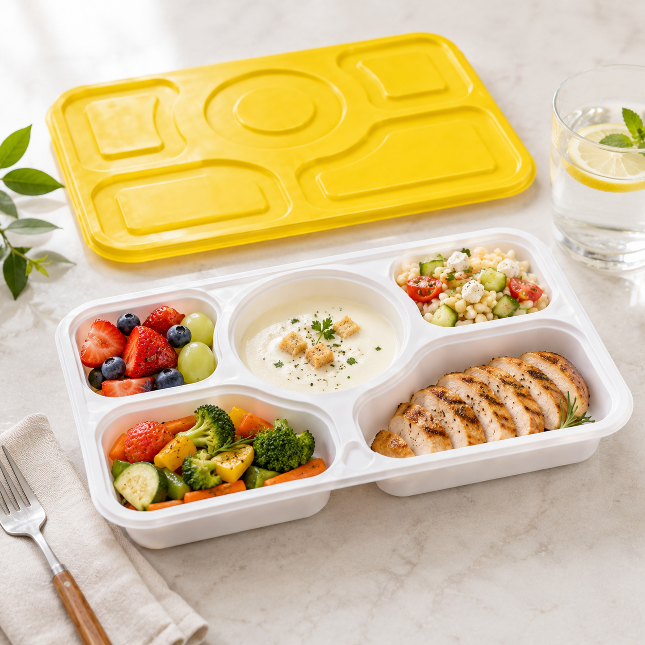 Five Compartment Snap Lock Bowls PP Catering Tray with Clear Locking Lid