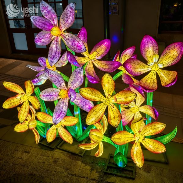 Custom Orchid Flower Lantern Group, Large LED Colorful Orchid Light Sculptures for Outdoor Festival Decor