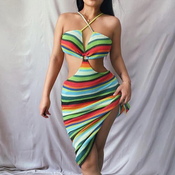 European and American sexy colorful striped hollow halter beach holiday suspender dress