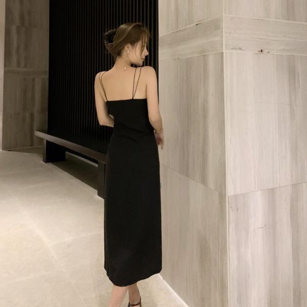 Retro Irregular Hem Suspender Sexy Elegant Black Dress