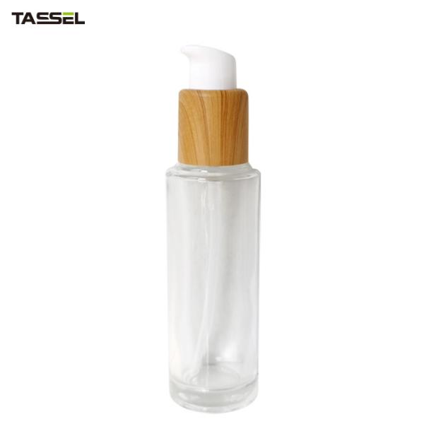 garrafa de vidro do círculo de 30ml 50ml com tipo de madeira do fechamento da bomba do tratamento do efeito