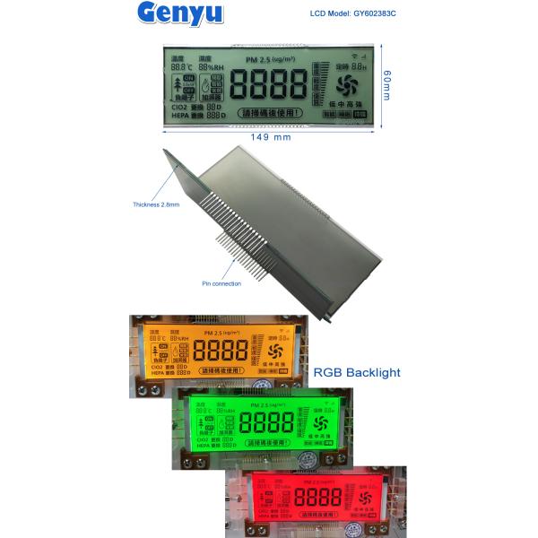 5.0V 4 Ditig HTN Segmented LCD Display RGB Backlight Color Used In Air Purifier