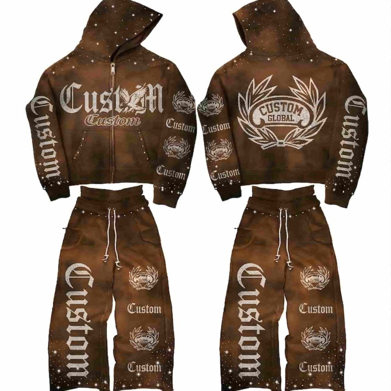 Custom Heavyweight Full Rhinestone Acid Wash Tracksuit OEM  ODM 