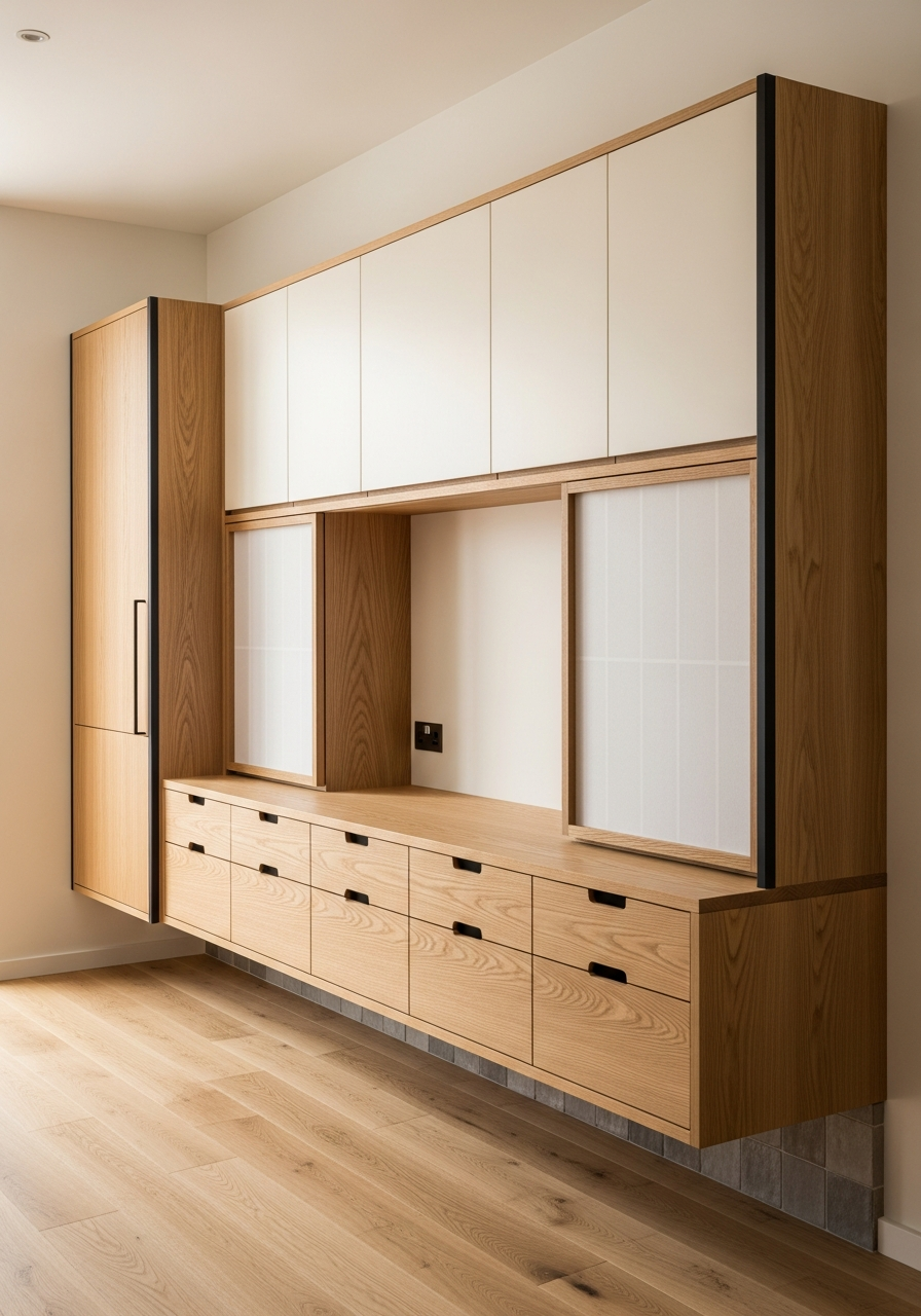 Japandi Oak Media Console with Shoji Screens in 304 Stainless Steel