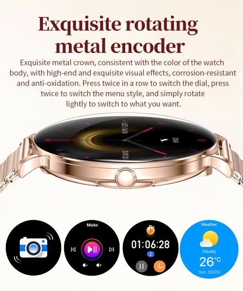 Reloj inteligente V85 Fashion para mujer, pantalla AMOLED delgada, llamada BT, monitor de muñeca, rastreador de actividad física