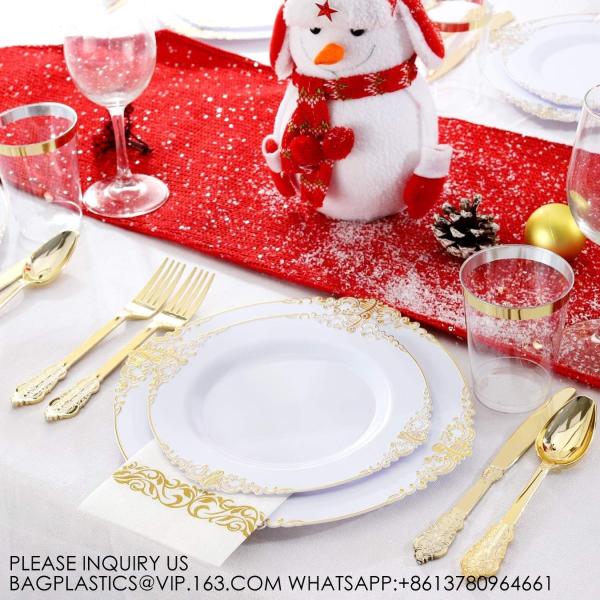Gold Disposable Plates For 100 Guests, Plastic Plates For Party, Dinnerware Set Of Dinner Plates, Salad Plates
