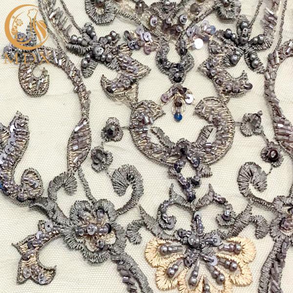 Grey 3D Handmade Beaded Lace Fabric For Lady Wedding