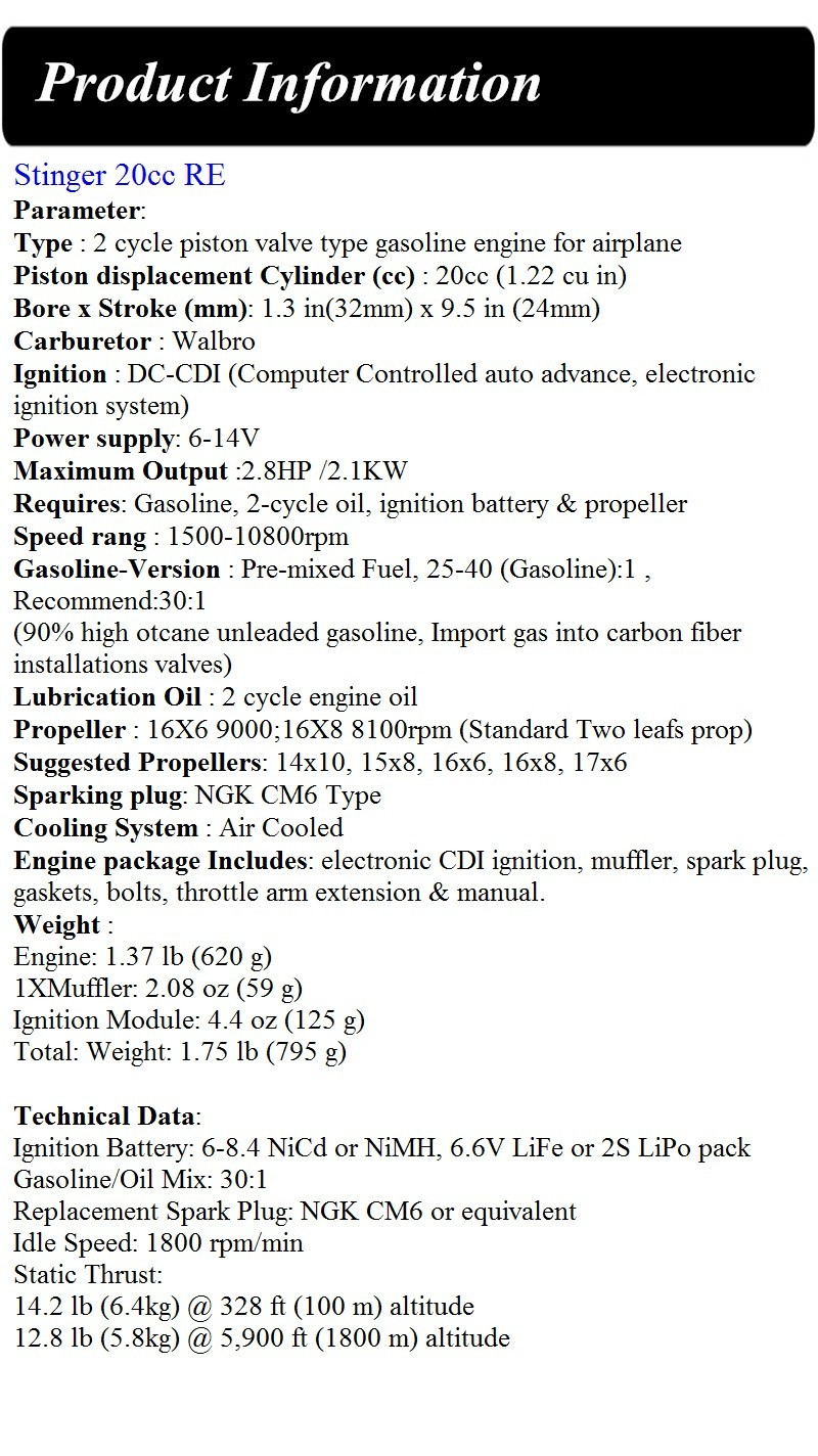 Hot Sales Rcgf Stinger 20cc Re 2 Stroke Engines Gasoline Engines Rc Aircraft Rc Airplane Two Cycle Stinger 20cc Engine