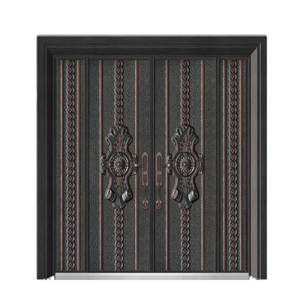 China Suppliers Luxury Front Security Exterior Doors Deep Embossing Double Leaf Panel Entry Front Steel Door for House with Smart Lock