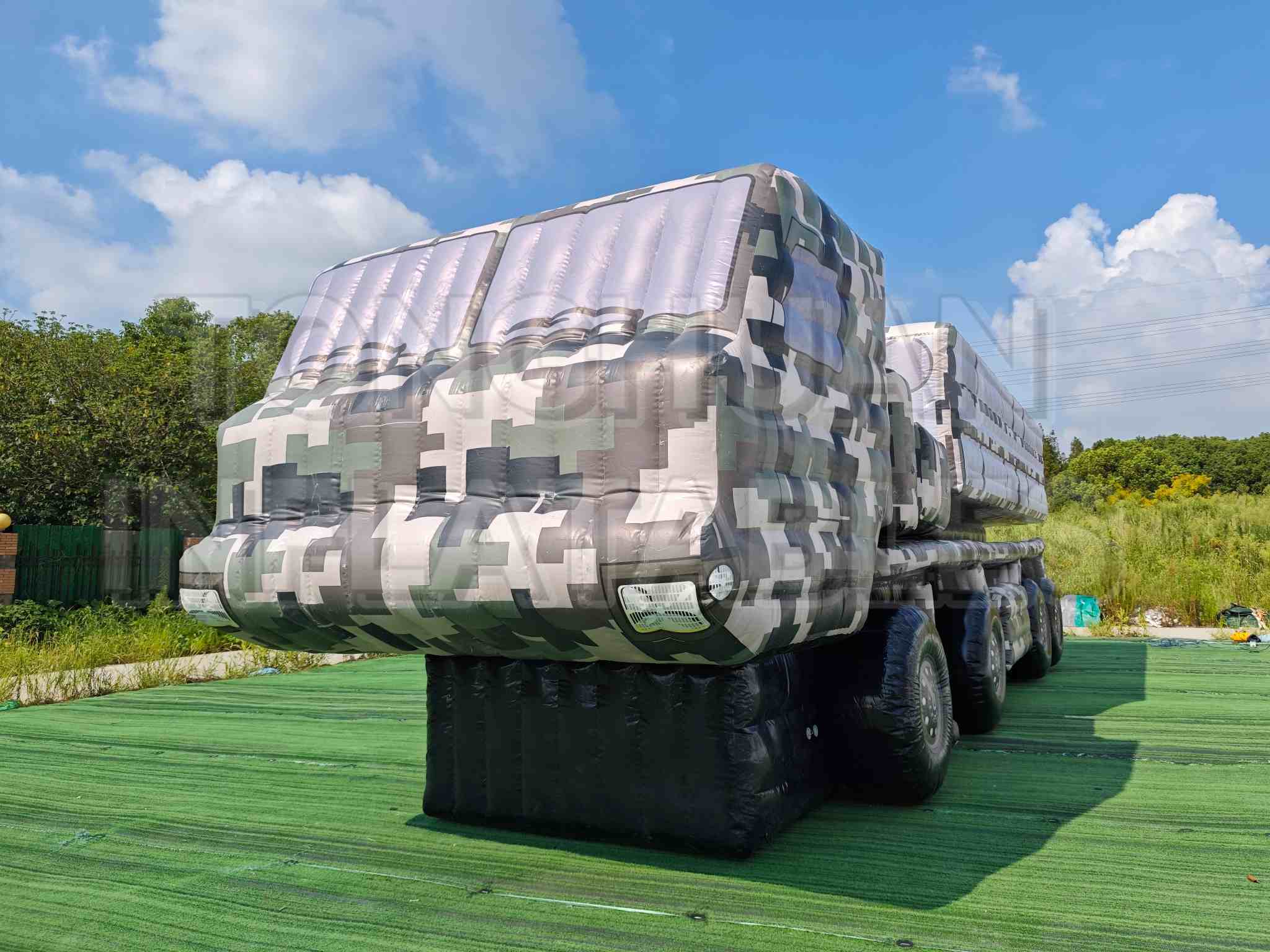 Custom Inflatable Launcher Vehicle Replica with Horizontal Canister Modules and Camouflage Truck Body for Training Display Exhibition and Outdoor Simulation Projects