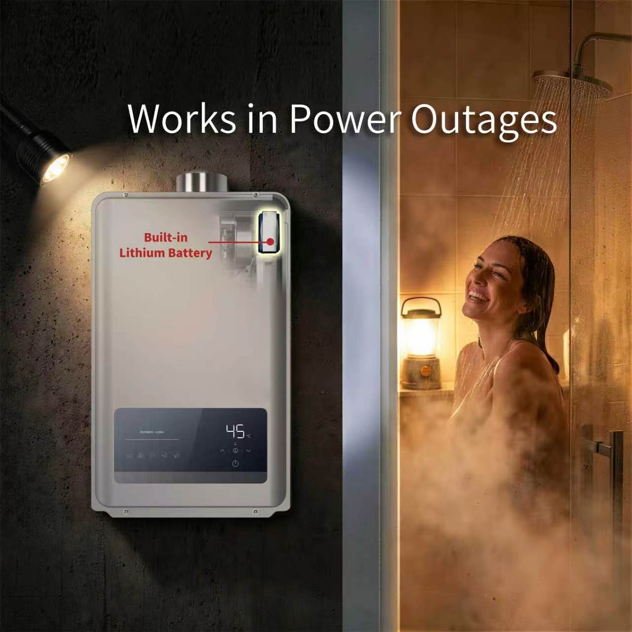Tankless Gas Water Heater with Built-in Lithium Battery Stainless Steel Heat Exchanger and Ultra-Quiet DC Fan