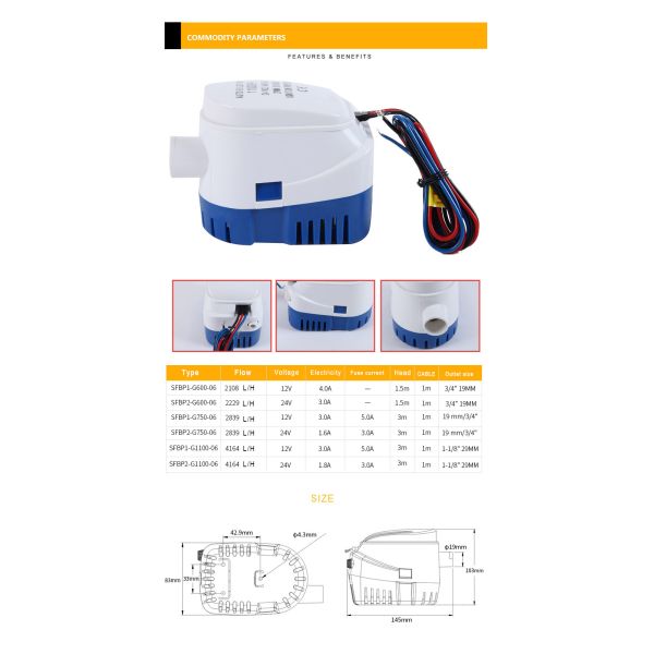 CY-811 1100GPH Full Automatic Power-off Cabin Drainage Bilge Pump Centrifugal Water Pump for Rv Yacht Marine