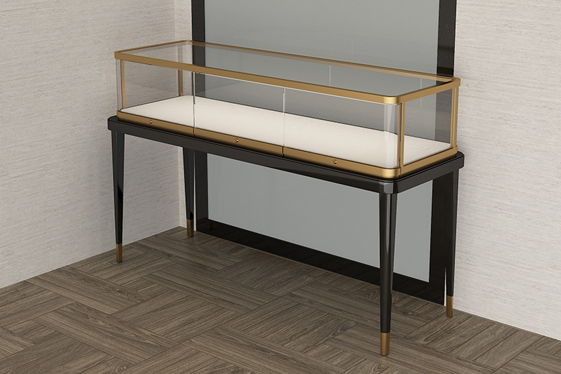 Light Luxury Long Wall Jewelry Display Table, Gold Frame Glass Jewelry Showcase, Slim Leg Standing Vitrine For Necklace, Watch & Luxury Jewelry