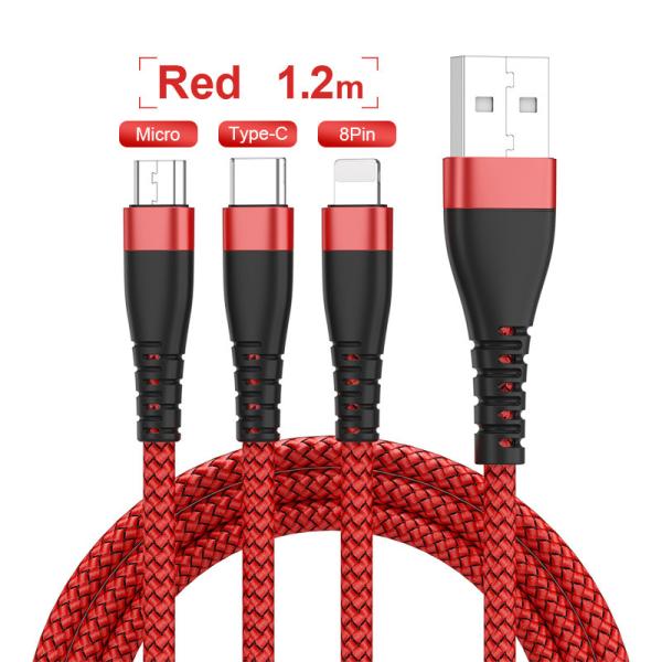 3 In 1 Nylon Braided USB Cable Flexible Phone Charging 3A 1.2M For Iphone Samsung