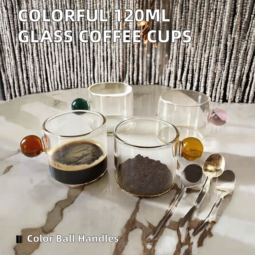 120ml Single Wall Glass Drinkware Breakfast Coffee Cups With Colored Ball Handle