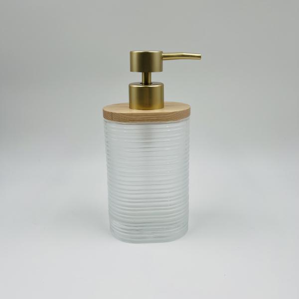 Accesorios modernos de baño de vidrio transparente forma redonda con madera parte botella de jabón de mano dispensador de jabón para el baño portabotellas de cepillo de dientes