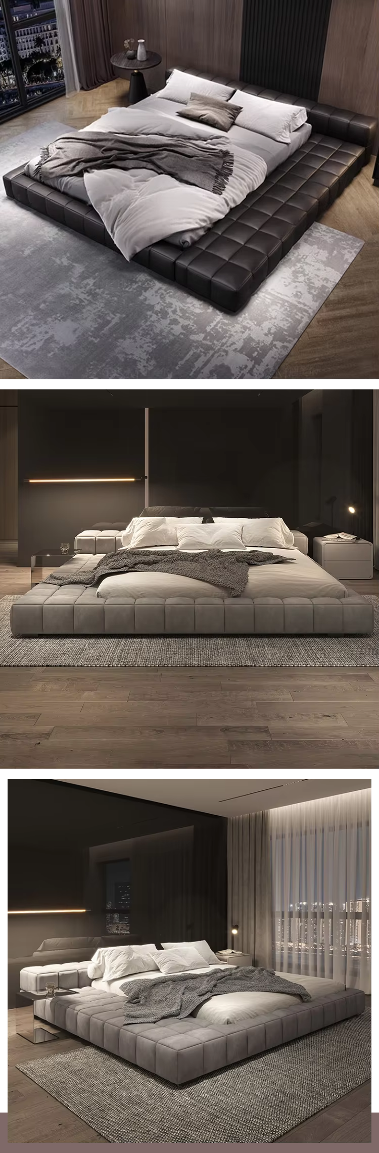 Modern Minimal Customization Bedroom Furniture Wooden Frame Fabric Low Bed Head King Size Soft Beds