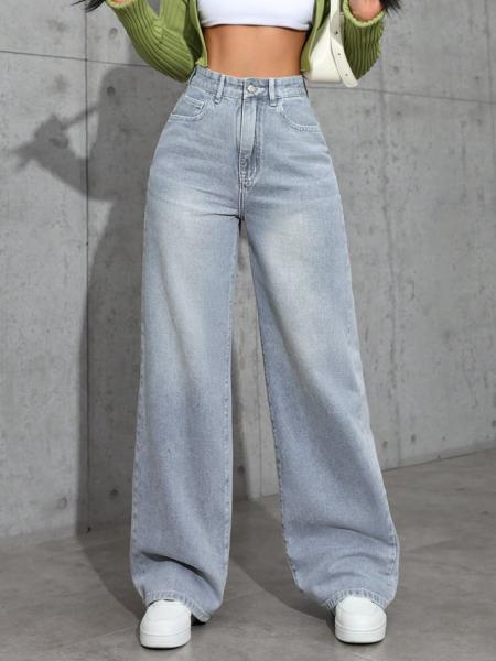 Powder blue high-waisted straight-leg jeans for women