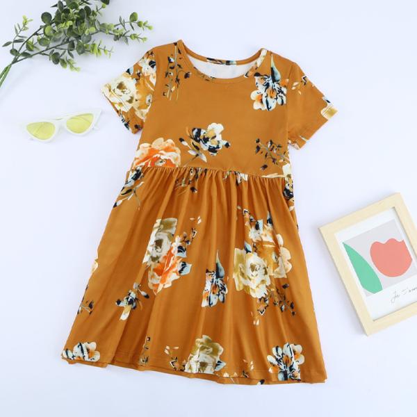 Summer Children's Clothing Solid Color Cotton Printed Short Sleeve Casual Girls Dress
