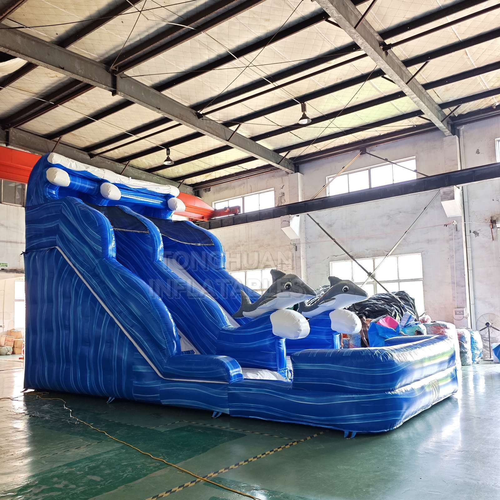 Commercial Blue Whale Inflatable Water Slide with Dual Lanes Splash Pool and Safety Walls for Water Parks Resorts and Rentals