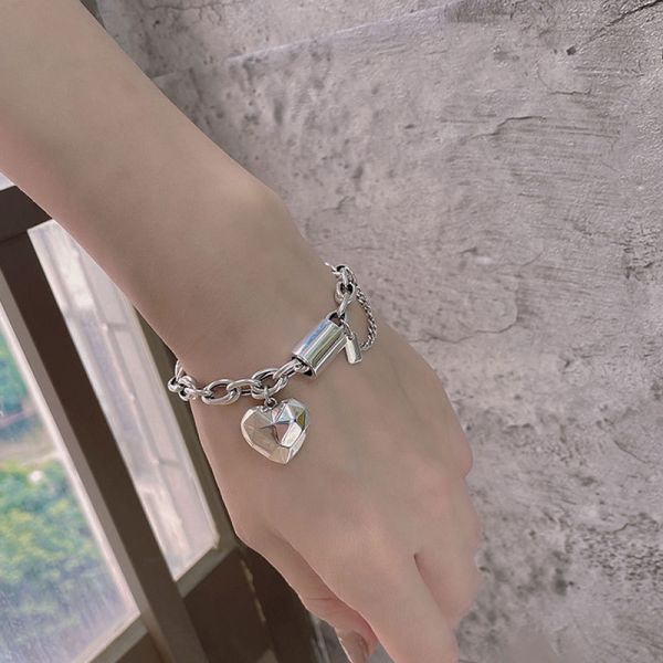 Korean Thick 925 Sterling Silver Love Heart-shaped Personalized  Simple Fashion Bracelet for Women