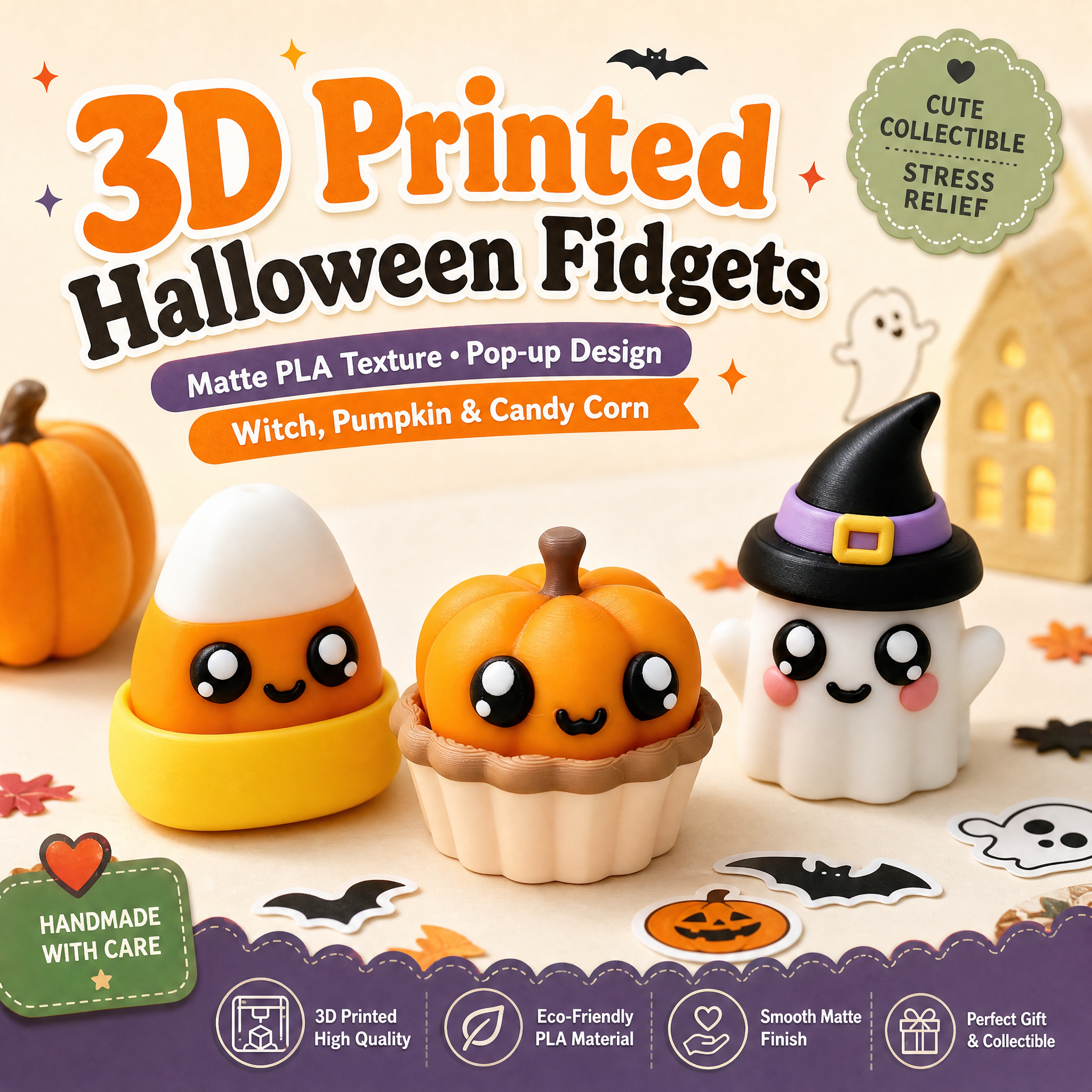 Cute Cartoon Ghost Pumpkin Candy Corn 3D Printed Holiday Decoration with Fidget Pop Function