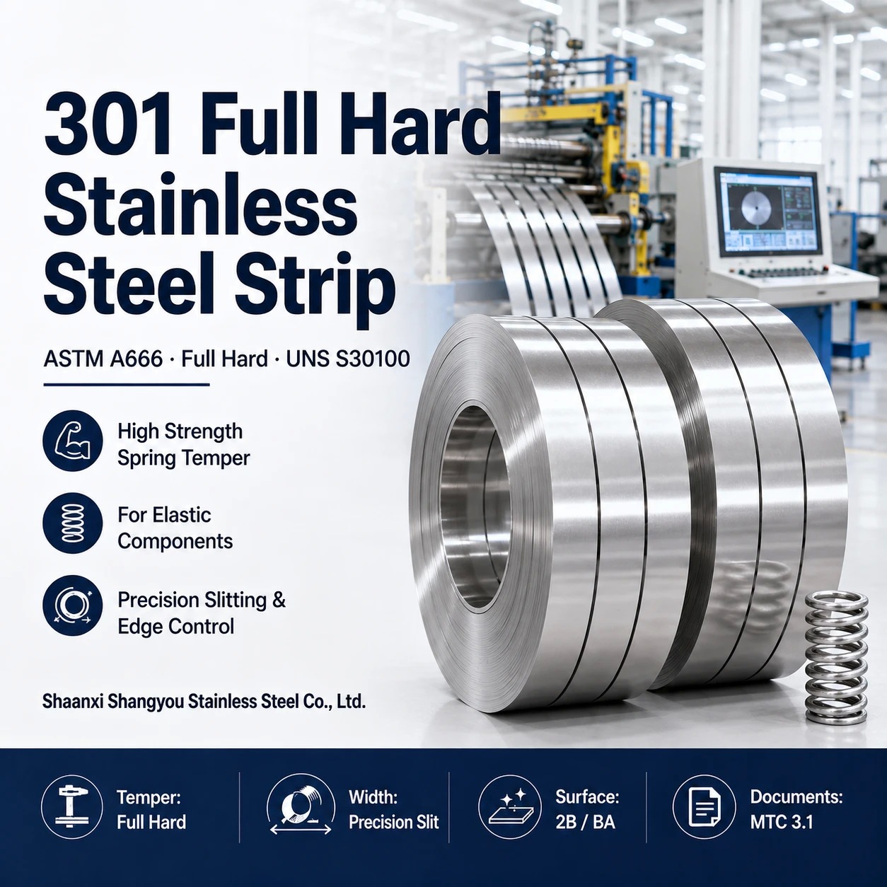 301 Full Hard Stainless Steel Strip for High Strength Spring Parts
