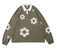 Small Quantity Clothing Manufacturer Casual Long Sleeve Puff Print Snowflake Loose Unisex Polo T Shirt