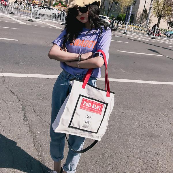 New Korean fashion personality school style contrast color canvas bag women's portable shoulder bag simple fashion bag