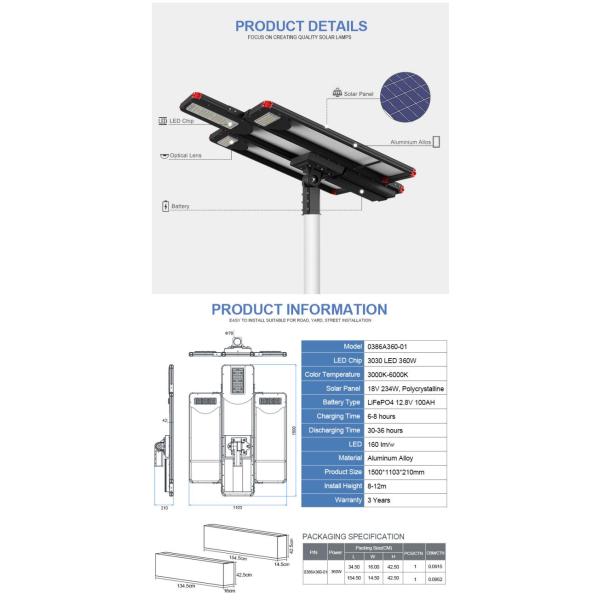 L'ODM extérieur tout dans un réverbère solaire de LED a intégré 160w en aluminium 200w 320w 360w