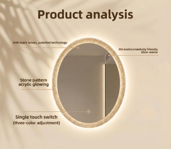 Kingstin Luxury Acrylic Frame Backlit LED Mirror, Oval Smart Bathroom Vanity Mirror with Defogger & Dimmable Light