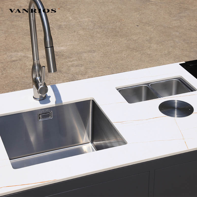Modern Modular Aluminum Outdoor Kitchen Sink Cabinet With Rock Countertop & Pull Out Trash Bin