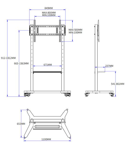 Adjustable Moving Stand for TV Interactive Whiteboard 55/75/86 inch Silent Wheels