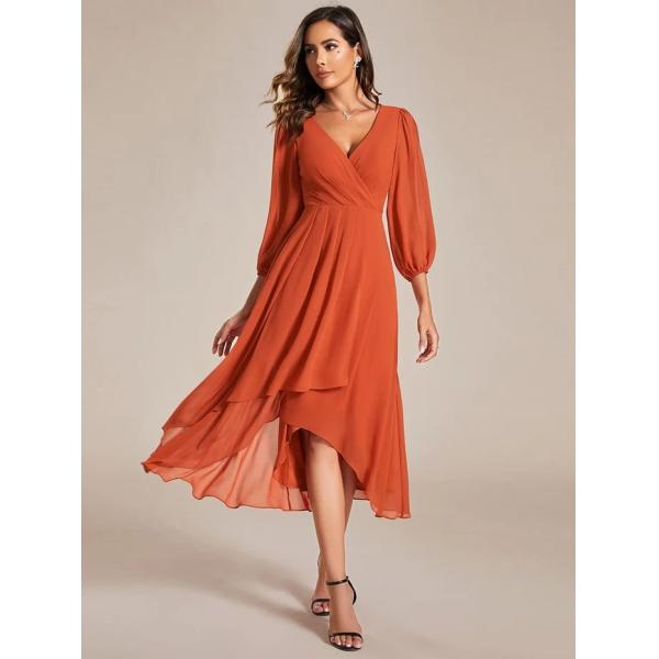Elegant Empire Long Sleeve V-neck High Low A-line Ruffled Midi Burnt Orange Chiffon Wedding Guest Cocktail Dress
