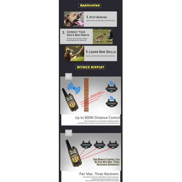 High Quality Waterproof Pet dog anti bark remote electric shock dog training collars 800m for 3 dogs