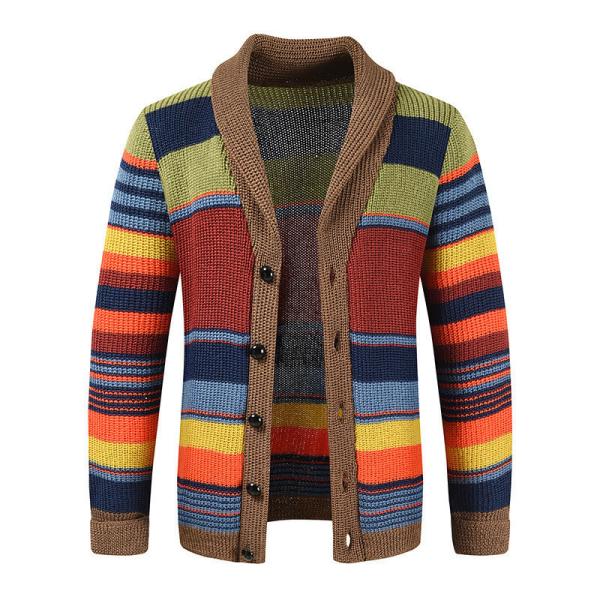 Men's Rainbow Sweater Coat Autumn and Winter Lapel Color Knit Cardigan Top Performance