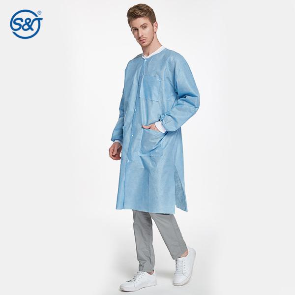 High Performance Premium Quality SMS Disposable Lab Coat With Knitted Cuffs and Collar Light Blue