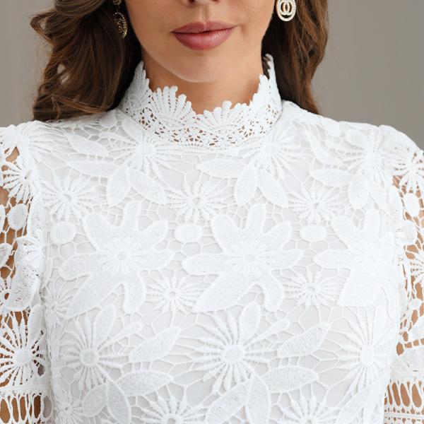 High Neck Ladies Lace Dresses Balloon Long Sleeve Lace Up Dress With Elastic Cuffs