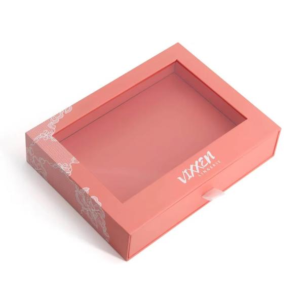 Custom Paper Drawer Cardboard Gift Wrap Sliding Pull Out Packaging Box With Clear PVC Die Cut Window