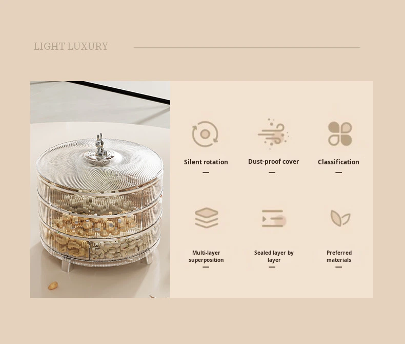 Large Capacity Multi-layer Modern Rotating Food Organizer Box Moisture-proof Round Food Container with Lid for Snacks Nuts