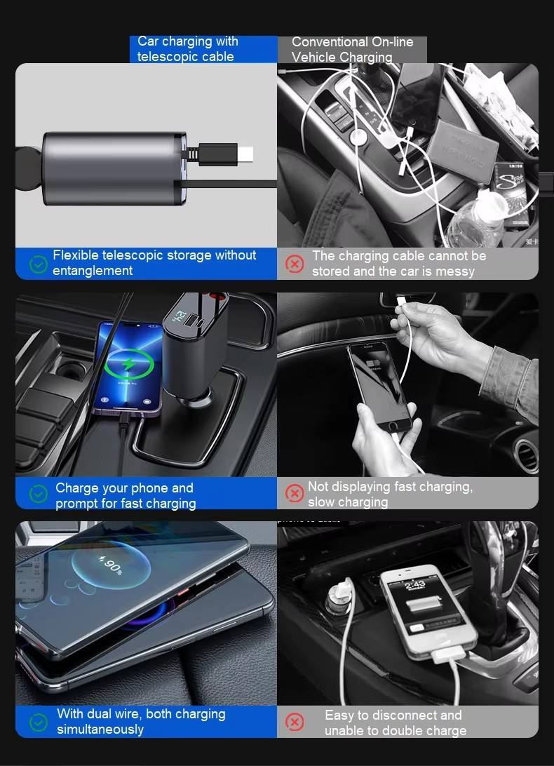 100w Lighter Universal Phone 4 in 1 Usb Type c Retractable Car Charger Fast Charging