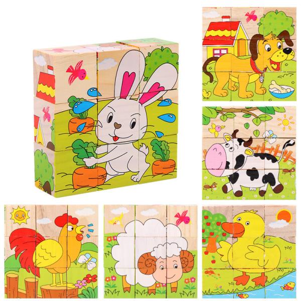 Baby Wooden Block Toys Animal Fruit Early Learning Six Side 3D Cube Jigsaw