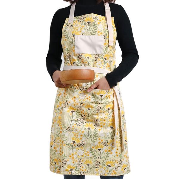 Custom Logo Print Adjustable Washable Yellow Cotton Kitchen Apron for Restaurant Bar
