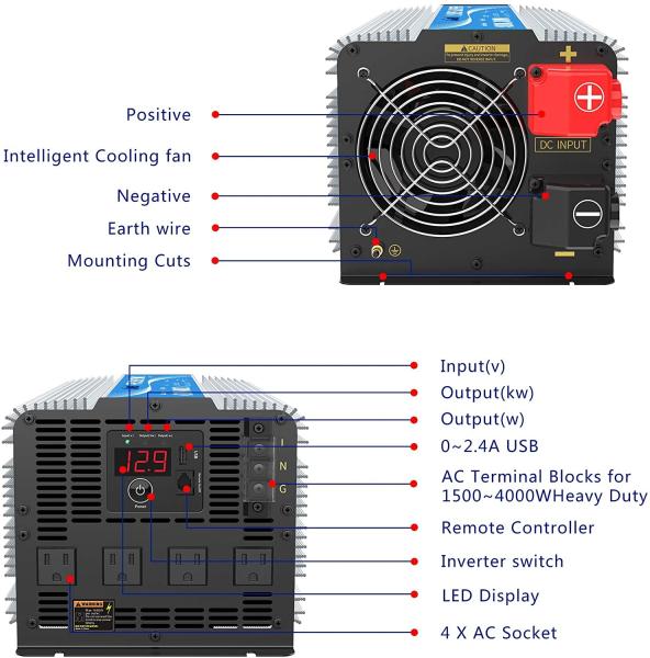 Heavy Duty 12V 2.4A Hybrid Solar Inverter LED 4000W Pure Sine Wave Power Inverter