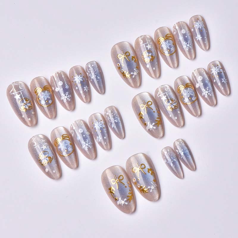 Wholesale Gold Foil Shell Holiday Press On Nails Almond Nude Luxury Wedding