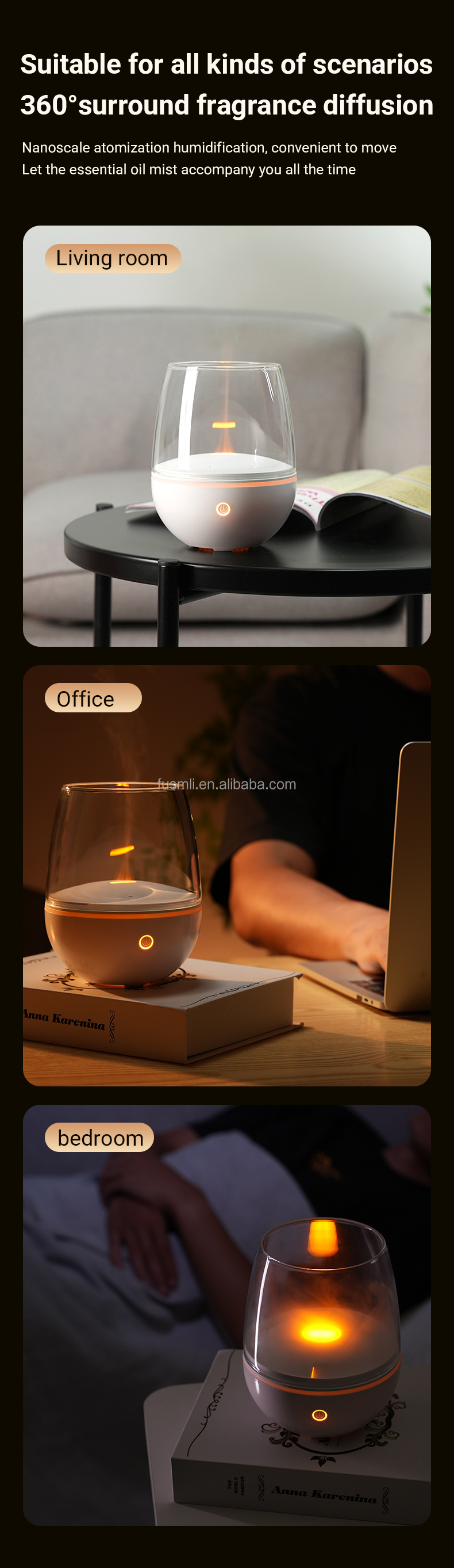 FUSMLI ODM 5V Aromatherapy Portable 3D Glass Body 120ML Type-C Aroma Diffuser Crystal Flame Lightweight